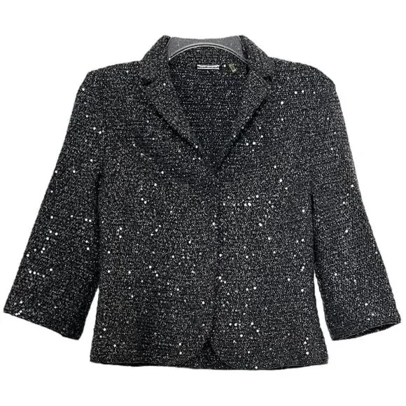 Elie Tahari Y2K Crop Glittery Jacket Womens Small Crochet Sequined Blazer Gray - Picture 11 of 11